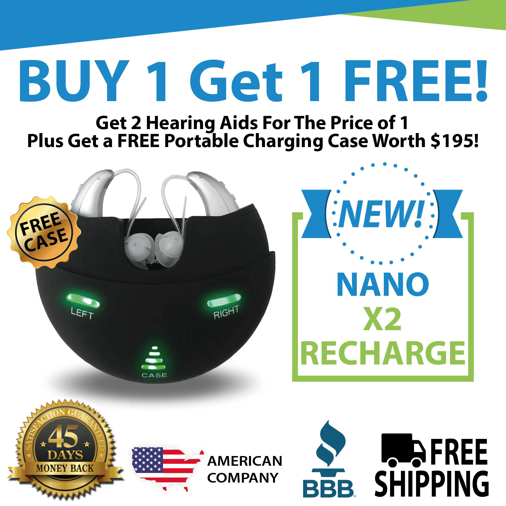 🔥 ON SALE: Buy 1 New Nano Model X2 Recharge Hearing Aid And Get The Second Ear FREE! Plus Get a FREE Portable Charging Case Worth $195!